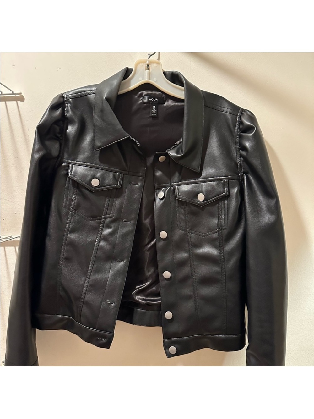 Aqua Black Faux Leather Trucker Jacket with Silver Hardware